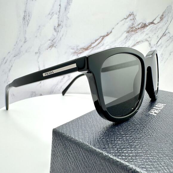 New PRADA Sunglasses Black Acetate Square Silver Metal Logo 53mm Gray Lens - Picture 1 of 16